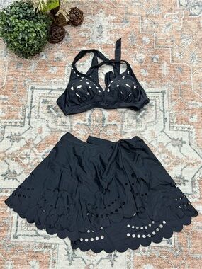 Black Eyelet Scallop Hem Swim Skirt and Top Set - Black
